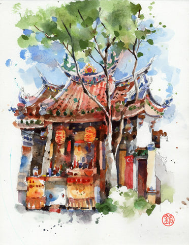 Temple of the Heavenly Jade Emperor In Singapore - Watercolor Painting Print by L N Taskar