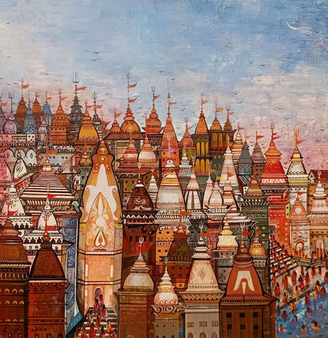 Temples And Ghat Of Varanasi Benaras - Spiritual Painting Of India - Large Art Prints by L N Taskar