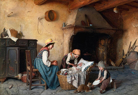 The Babys Food - Gaetano Chierici - 19th Century European Domestic Interiors Painting by Gaetano Chierici
