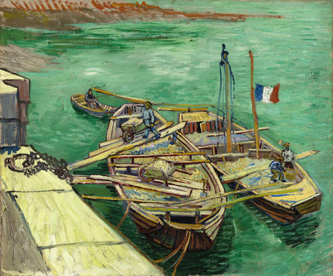 The Bateaux Amarres Quay With Men Unloading Sand Barges - Vincent van Gogh - Large Art Prints by Vincent Van Gogh