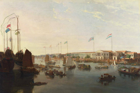 The European Factories At Canton c1830 - William and  Thomas Daniell - Vintage Orientalist Painting of China by Thomas Daniell