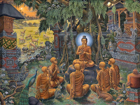 The First Sermon - Balinese Buddha Painting - Canvas Prints by Tallenge Store