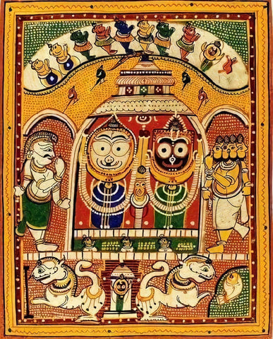 The Jagannath Temple with Simha Dwara (Lion Gate) With The Hindu Pantheon - Pattachitra - Indian Folk Art Krishna Painting by Raghuraman