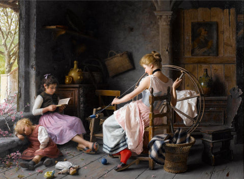 The Spinning Wheel - Giovanni Battista Torriglia - Realism Painting by Giovanni Battista Torriglia
