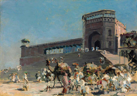 The Steps Of The Jama Masjid In Delhi - Erich Kips - Vintage Orientalist Paintings of India by Erich Kips