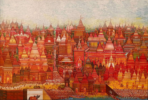 The Temple Town Of Varanasi Benaras - Spiritual Painting Of India by L N Taskar