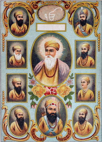 The Ten Sikh Gurus - Raja Ravi Varma Press Oleograph Print - Vintage Indian Art Painting by Raja Ravi Varma
