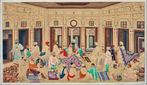 Traders Evaluating Shawls In The House Of The Broker - Bishan Singh c1866 - Vintage Punjab School Painting - Canvas Prints