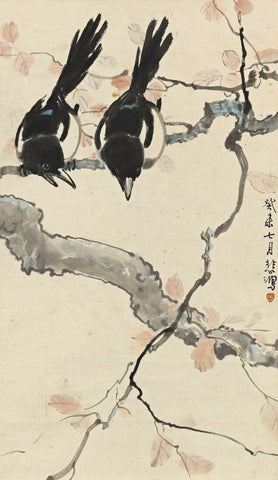 Two Magpies (Happiness Feng Shui) - Xu Beihong - Chinese Art Painting by Xu Beihong