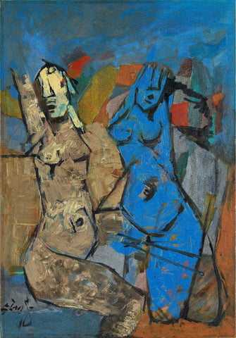 Umber Blue Nude - Maqbool Fida Husain Painting - Posters