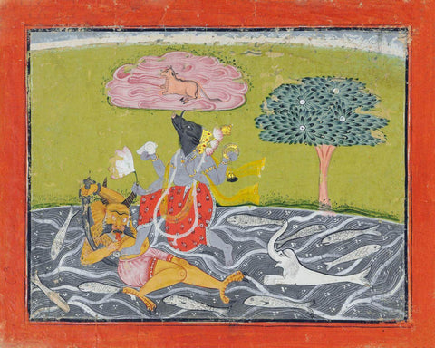 Varaha (The Third Avatar Of Lord Vishnu) Killing Hiranyaksha And Lifting Earth With His Tusk - 17th Century Chamba Scholol - Indian Miniature Painting by Tallenge Store