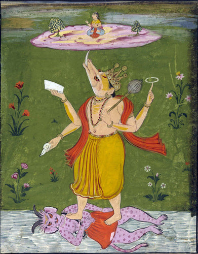 Large Artwork Prints of Varaha (The Third Avatar Of Lord Vishnu) Lifting Bhudevi With His Tusk - 17th Century Vintage Indian Miniature Painting - Large Art Prints by Tallenge Store