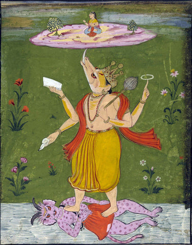 Varaha (The Third Avatar Of Lord Vishnu) Lifting Bhudevi With His Tusk - 17th Century Vintage Indian Miniature Painting by Tallenge Store