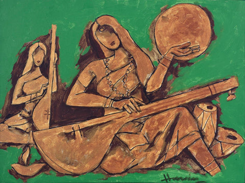 Veena Player With Accompanist - Maqbool Fida Husain Painting - Large Art Prints by M F Husain
