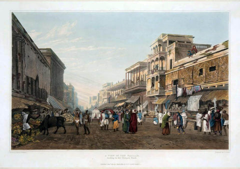 View Of Bazaar Leading To Chitpore Road Calcutta - James B Fraser - Vintage Orientalist Aquatint of India by James Baillie Fraser