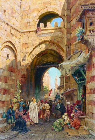View of Cairo with the Southern Gate and City Walls (Bab Zuweila) - Carl Wuttke - c1902 Vintage Orientalist Painting Of Egypt by Tallenge Store