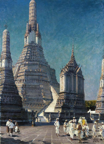 Wat Arun, the Temple of Dawn in Bangkok Thailand - Erich Kips - Vintage Orientalist Paintings of Asia by Erich Kips