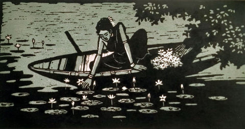 Water Lilies - Haren Das - Indian Art Linocut Painting by Haren Das