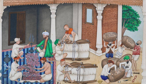 Weavers Arranging Shawls In Bales - Bishan Singh circa 1860 - Vintage Punjab School Painting by Akal