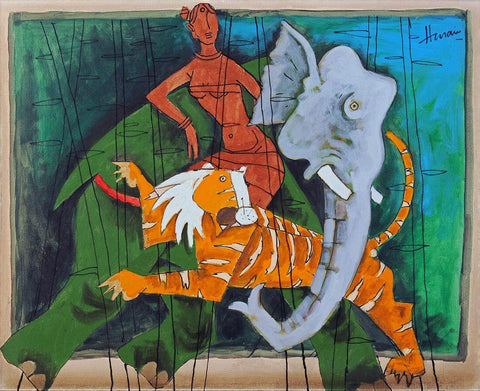 Woman And Tiger - Maqbool Fida Husain by M F Husain