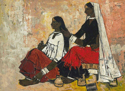 Woman Braiding Hair - B Prabha - Indian Art Painting by B. Prabha