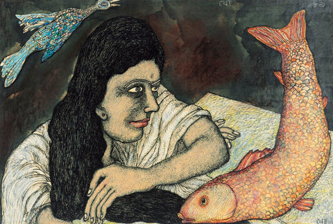 Woman With A Fish - Large Art Prints by Jogen
