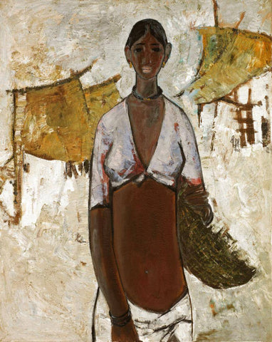 Woman With Basket - B Prabha Painting - Indian Masters Art - Life Size Posters