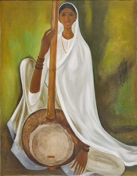 Woman With Tanpoora - B Prabha Painting - Canvas Prints