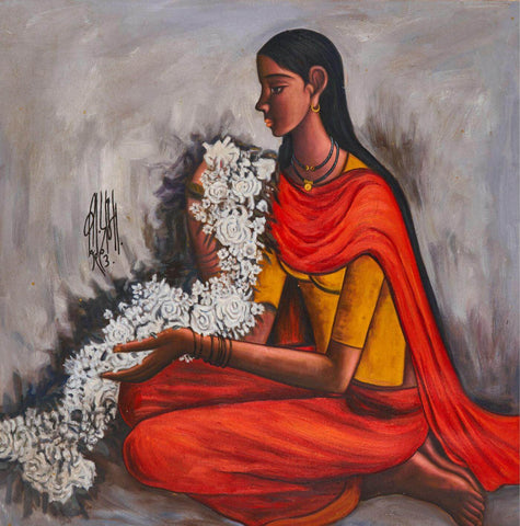 Woman With Veni (Flowers) - B Prabha Painting. by B. Prabha