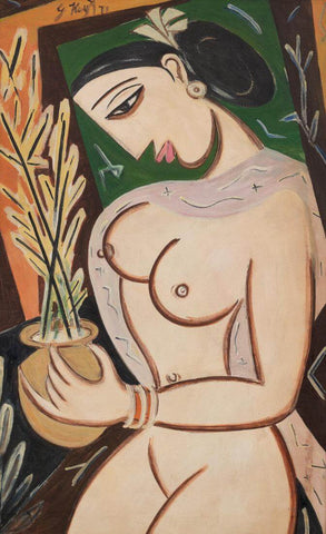 Womand With A Vase - George Keyt - Contemporary Nude Painting by George Keyt