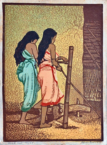 Women Threshing Grain - Haren Das - Bengal School Art Woodcut Painting - Large Art Prints by Haren Das
