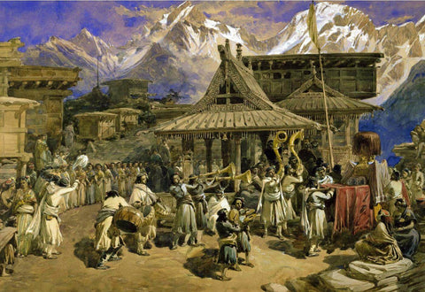 Worship Of Devi At Kothi In Himachal - William Simpson - c1860 Vintage Orientalist Sikh Painting Of India - Framed Prints by William Simpson