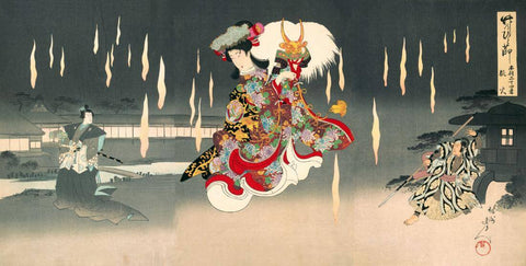 Yaegaki-hime Dances Amid Magical Foxfires - Toyohara Chikanobu - Ukiyo-e Woodblock Print Art Painting by Toyohara Chikanobu