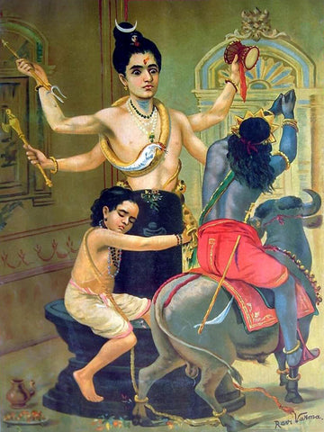 Yama and Markandeya - Raja Ravi Varma - Indian Masters Oleograph Print From Puranas - Posters