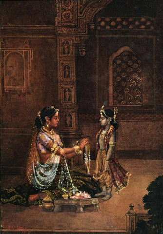 Yashoda Adorning Krishna - B C Law  - Bengal School Art - Indian Painting by Tallenge