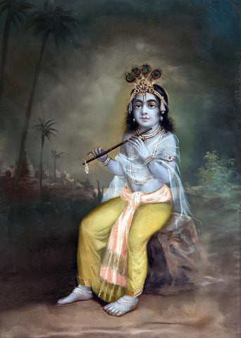 Young Krishna With Flute - Ustad Allah Bux - Bengal School Painting - Large Art Prints by Krishna Pichwai
