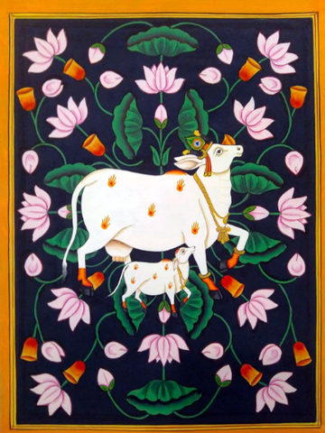 Krishnas Cow With Calf - Contemporary Pichwai Painting Canvas Print Rolled • 23x30 inches(On Sale - 25% OFF) by Pichwai Artworks