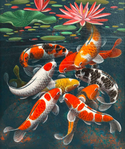 Nine Koi Fish With Lotus - Prosperity And Family Strength - Feng Shui Painting Canvas Print Rolled • 20x24 inches(On Sale 25% OFF) by Roselyn Imani