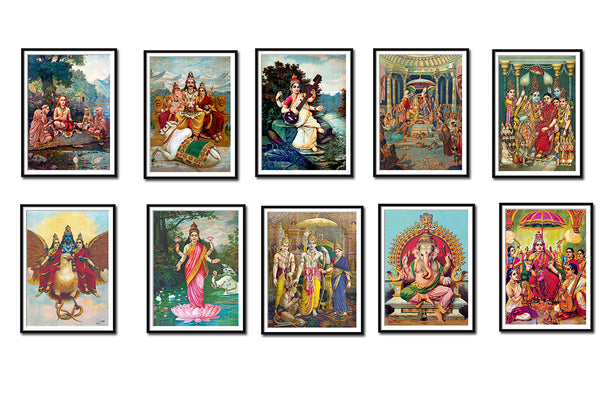 Set of 10 Best of Raja Ravi Varma Spiritual Deities Paintings - Framed Poster Paper (12 x 17 inches) each