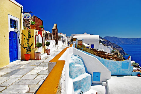 Sun Soaked Streets Of Santorini - Posters by Roselyn Imani