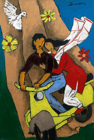 Vespa Scooters To Make Lovers Embrace Each Other , 1989 - Maqbool Fida Husain – Painting by M F Husain