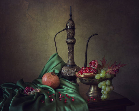 Oriental Still Life With Pomegranates - Framed Prints by Iryna Prykhodzka
