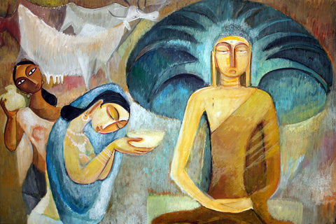 Sujatha Offering Buddha His First Meal - Framed Prints