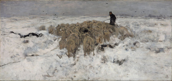 Flock Of Sheep With Shepherd In The Snow - Art Prints