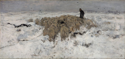 Flock Of Sheep With Shepherd In The Snow - Posters by Anton Mauve