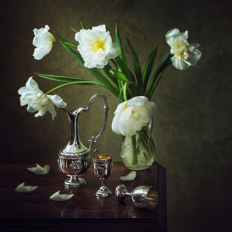 Still Life With White Tulips - Framed Prints by Iryna Prykhodzka