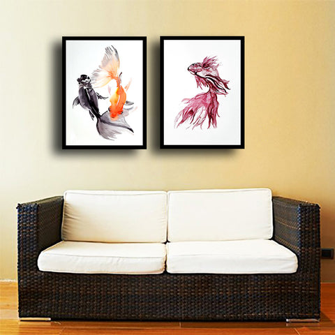 Set Of 2 Koi Fish And Betta Fish - Premium Quality Framed Digital Print (12 x 18 inches) by Susie Bryan