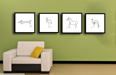 Set Of 4 Picasso Line Drawings - Camel, Flamingo, Horse and Dachshund - Premium Quality Framed Digital Print (12 x 12 inches)