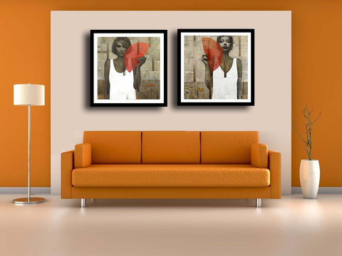 Set Of 2 Woman With Fan - Premium Quality Framed Digital Print (12 x 12 inches)