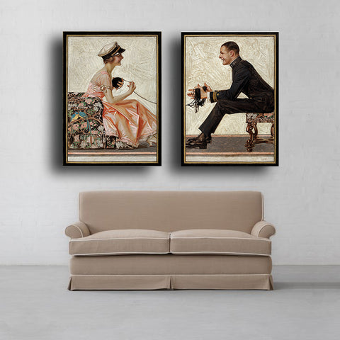 Set Of 2 Love Birds - Framed Canvas Art Print (18x24) by J C Leyendecker